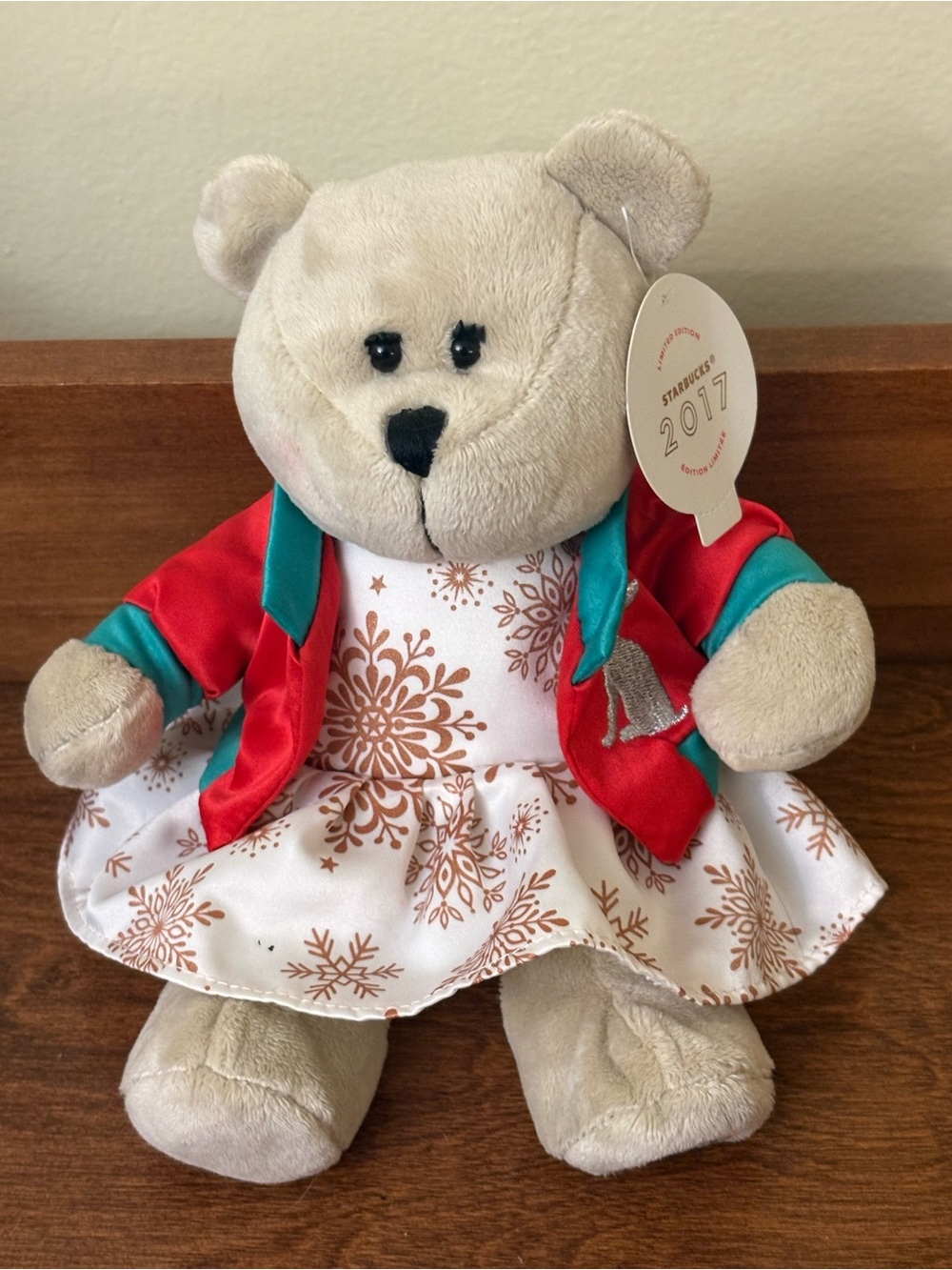 Starbucks Beige Holiday Bear with Red and Teal Jacket and White Snowflake Dress